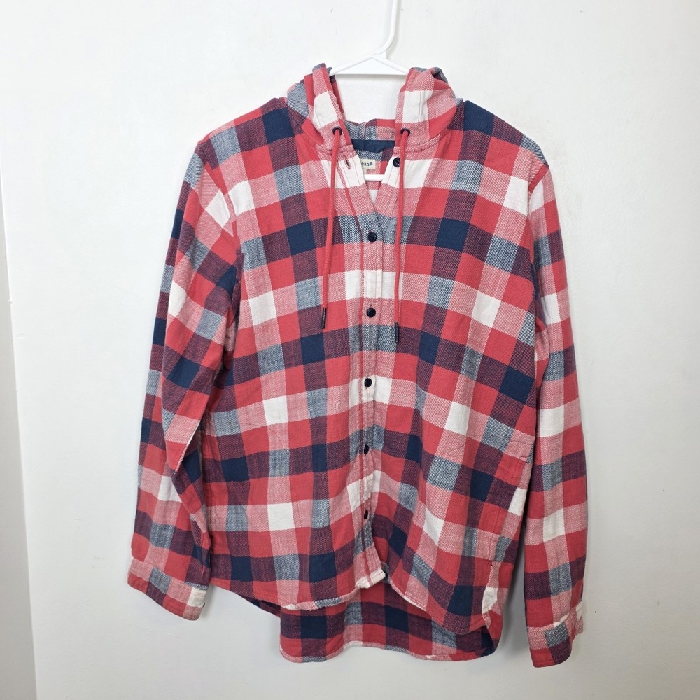 L.L. Bean Red White Blue Plaid Button Up Hooded Shacket Jacket Size Medium